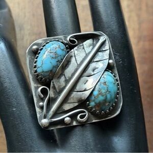Vintage Old Pawn Navajo Sterling Silver Blue Turquoise Ring Size 7.5 Signed OC